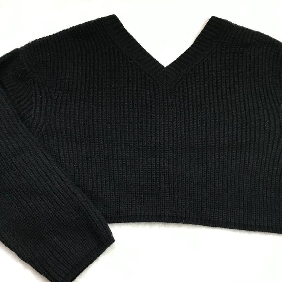 Zara Black V-Neck Cropped Cardigan Sweater Women's Large Ribbed Wool Blend NEW - Picture 7 of 10